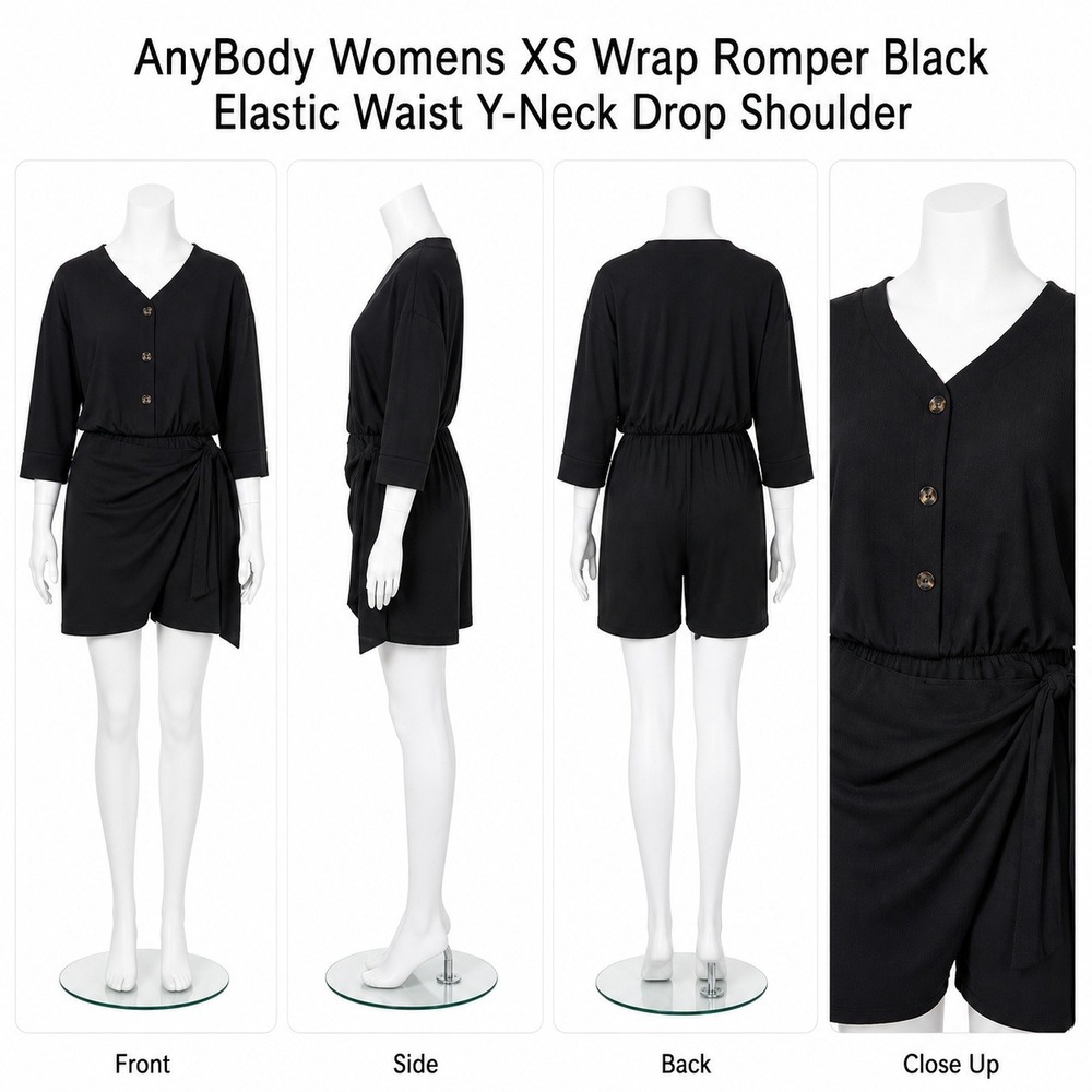 AnyBody‎ Womens XS Wrap Romper Black Elastic Waist Y-Neck Drop Shoulder A647642